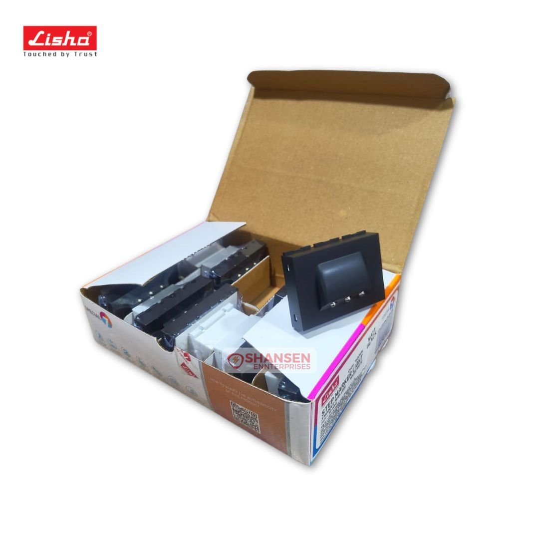 Open retail box of Lisha matt black 3-module LED step maker lights showing multiple units packaged for bulk delivery — FR polycarbonate housing, 240V, Made in India