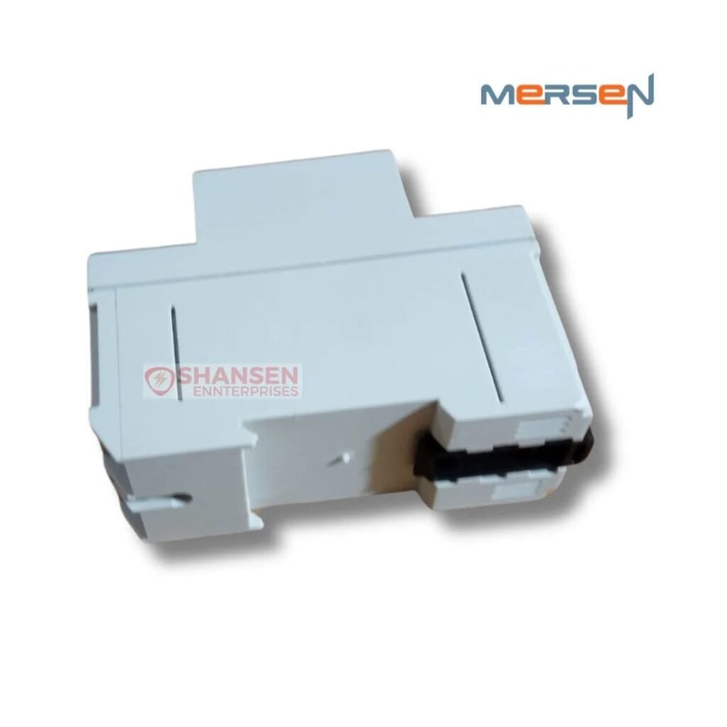 Mersen GMD-230V ground monitoring device underside showing DIN-rail mounting clip and housing — Shansen Enterprises