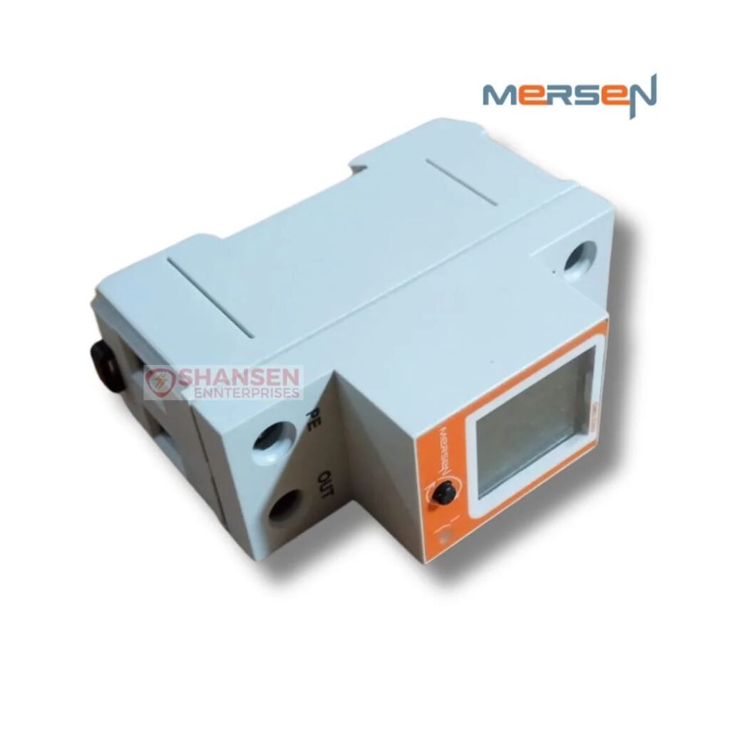 Mersen GMD-230V DIN-rail ground monitoring device angled top view showing display and PE/OUT terminals - Shansen Enterprises