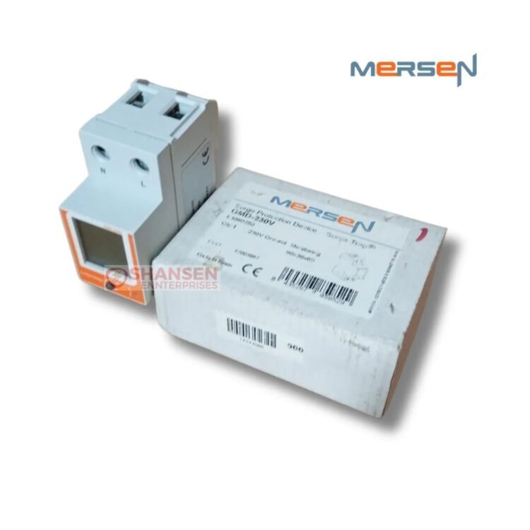 Mersen GMD-230V Ground Monitoring Device with original packaging for DIN rail installation, available at Shansen Enterprises India