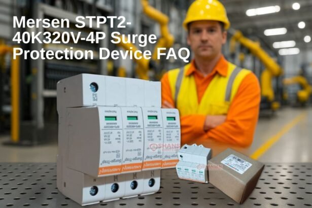 FAQ featured image: Mersen STPT2-40K320V-4P surge protection device on steel bench with electrician in bright safety uniform in industrial background