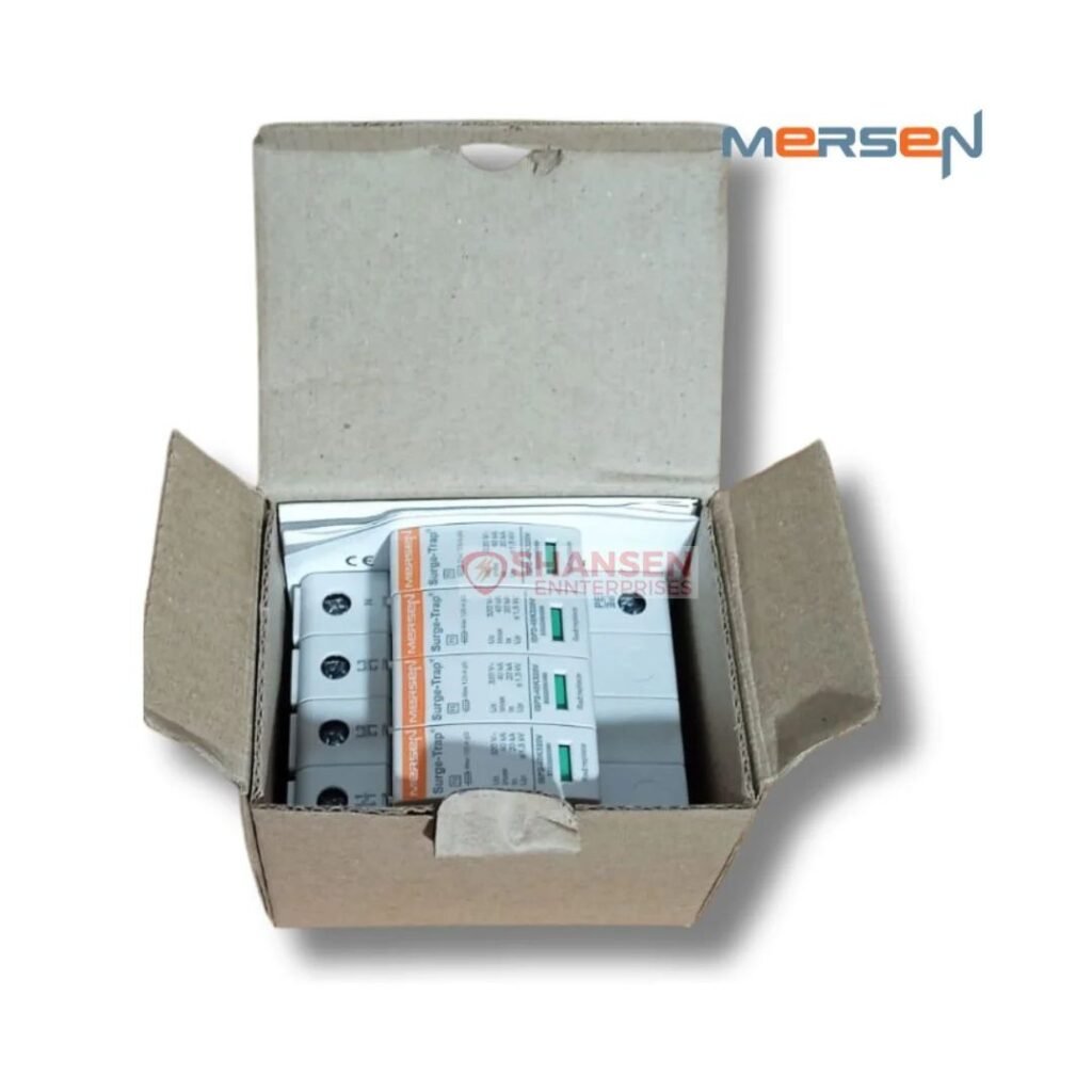 Mersen STPT2-40K320V-4P Type 2 Surge Protection Device packed inside open cardboard box - 4-pole pluggable DIN-rail SPD by Shansen Enterprises