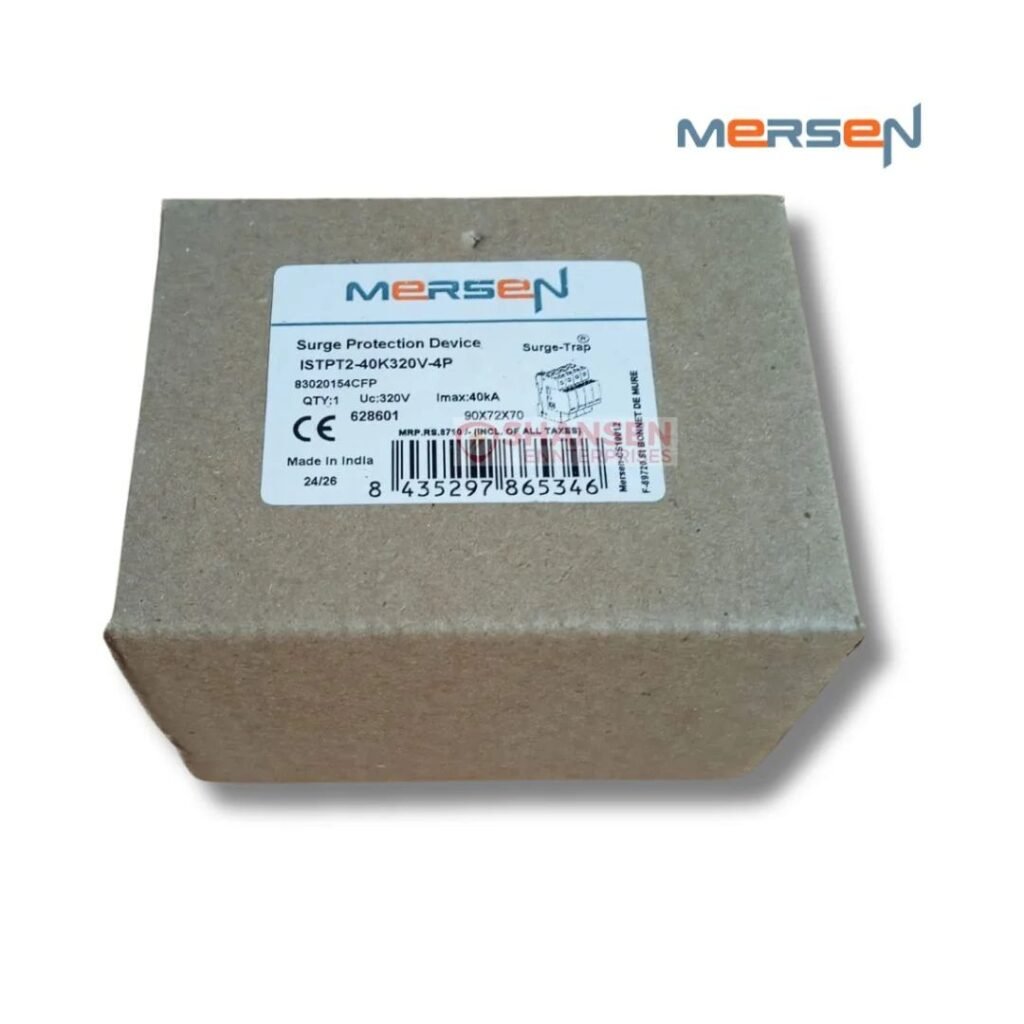 Mersen STPT2-40K320V-4P surge protection device cardboard packaging box with product label and barcode - Shansen Enterprises