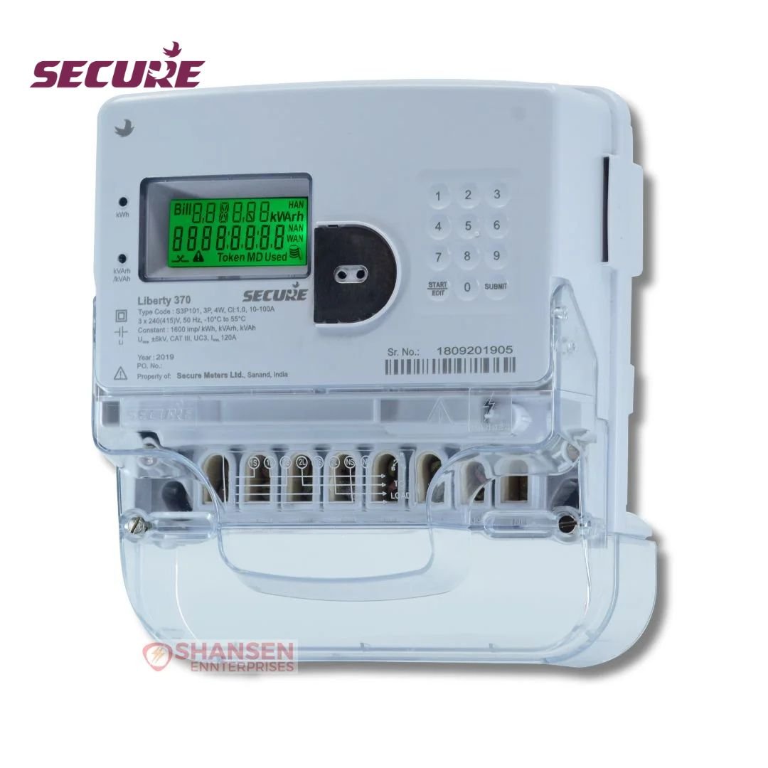 Secure Liberty 370 three-phase smart prepayment electricity meter showing LCD display and capacitive keypad, by Secure Meters (Shansen Enterprises)