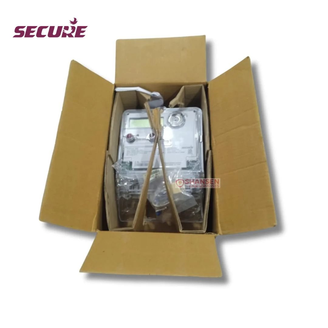 Unboxing Secure Premier 300 CT/VT three-phase energy meter in original carton with protective dividers and sealed accessories, Shansen Enterprises India