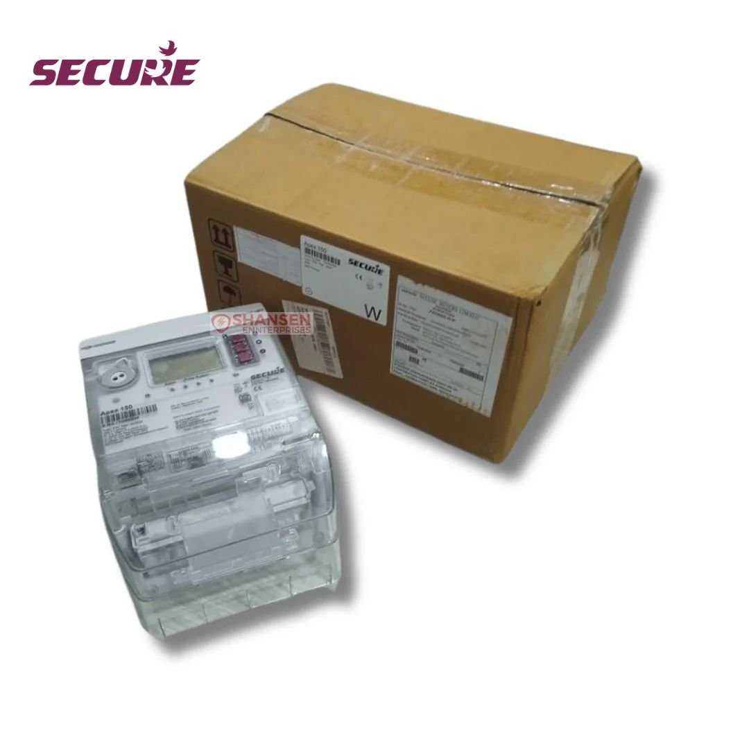 Secure Premier 300 CT/VT three-phase energy meter placed beside original sealed box, DLMS and RS485 communication, supplied by Shansen Enterprises India