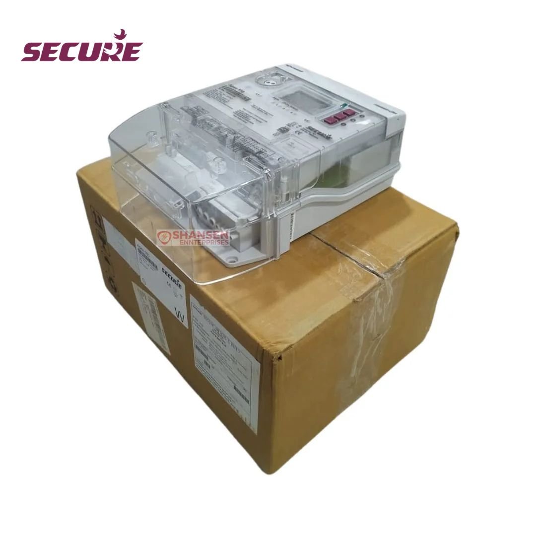 Secure Premier 300 CT/VT three-phase energy meter resting on original box with sealed terminal cover, DLMS and RS485 communication, Shansen Enterprises India