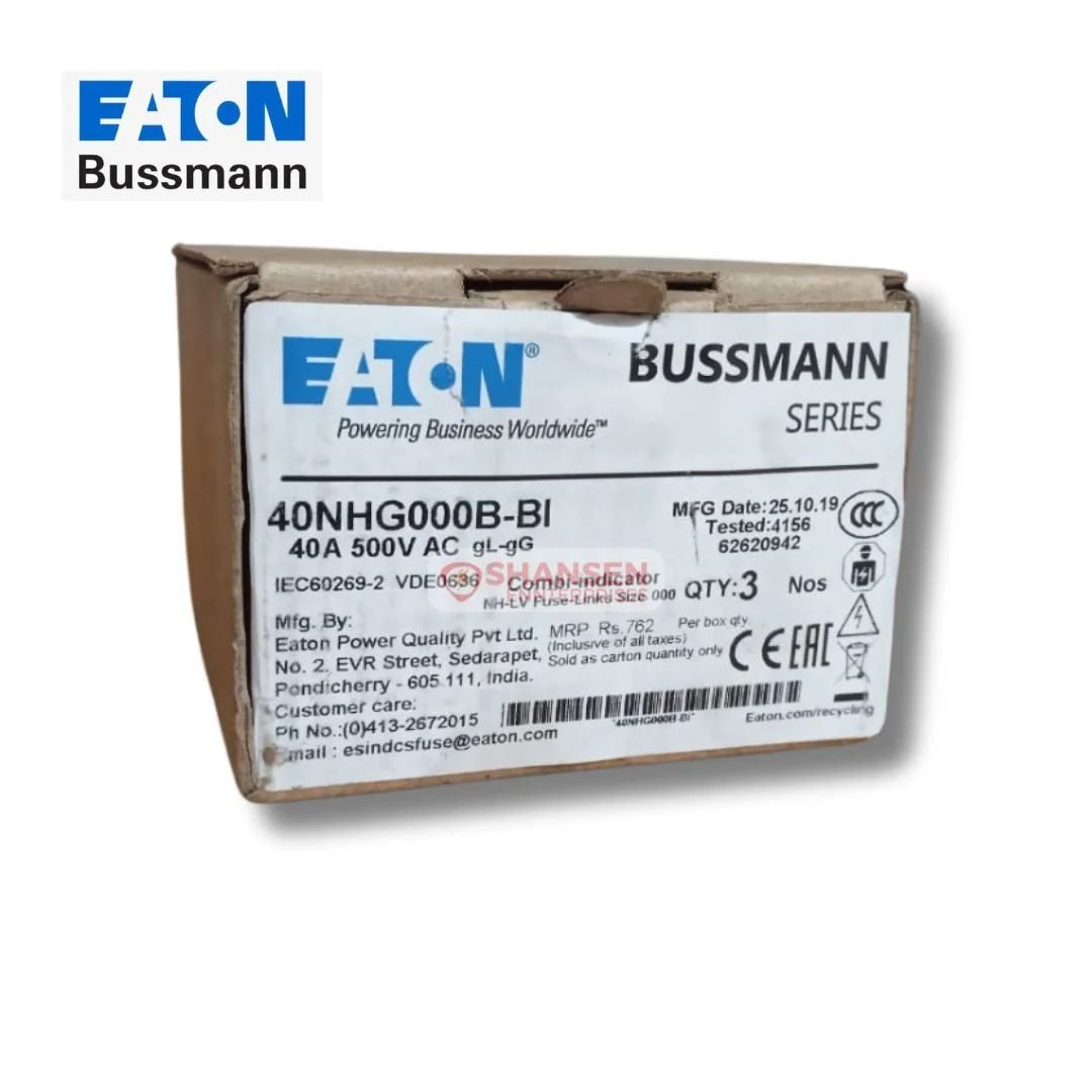 Eaton Bussmann NH Fuse 40NHG000B-BI 40A 500V box of 3 ceramic fuses with fuse indicator, distributed by Shansen Enterprises India