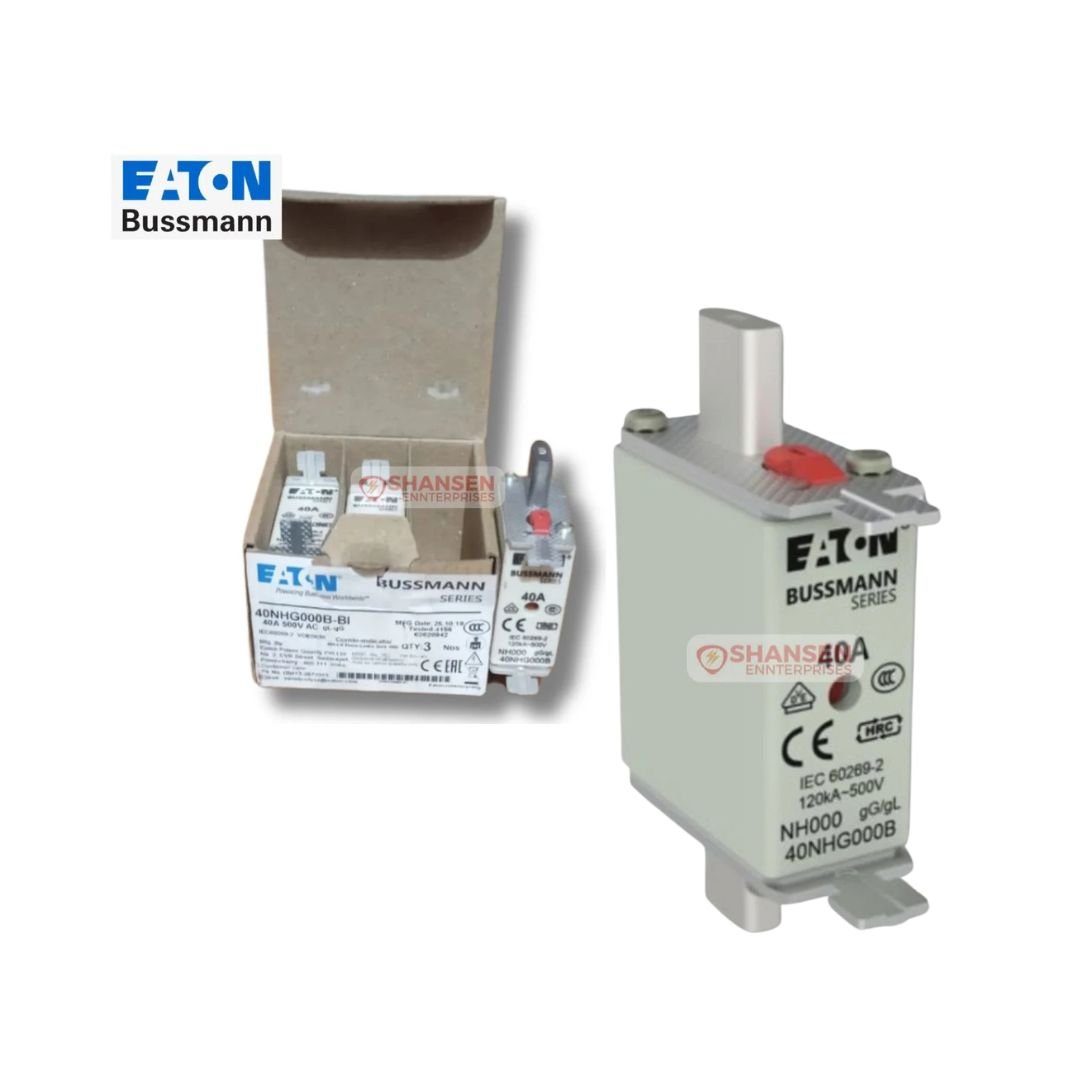 Eaton Bussmann NH Fuse 40NHG000B-BI 40A 500V ceramic NH000 fuse and 3-pack box with indicator, distributed by Shansen Enterprises India