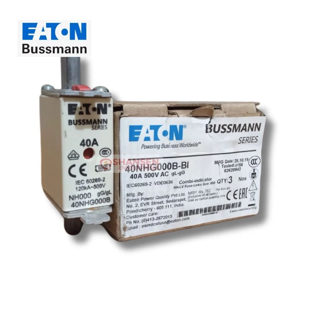 Eaton Bussmann NH Fuse 40NHG000B-BI 40A 500V ceramic fuse with blade contacts and indicator, supplied by Shansen Enterprises India