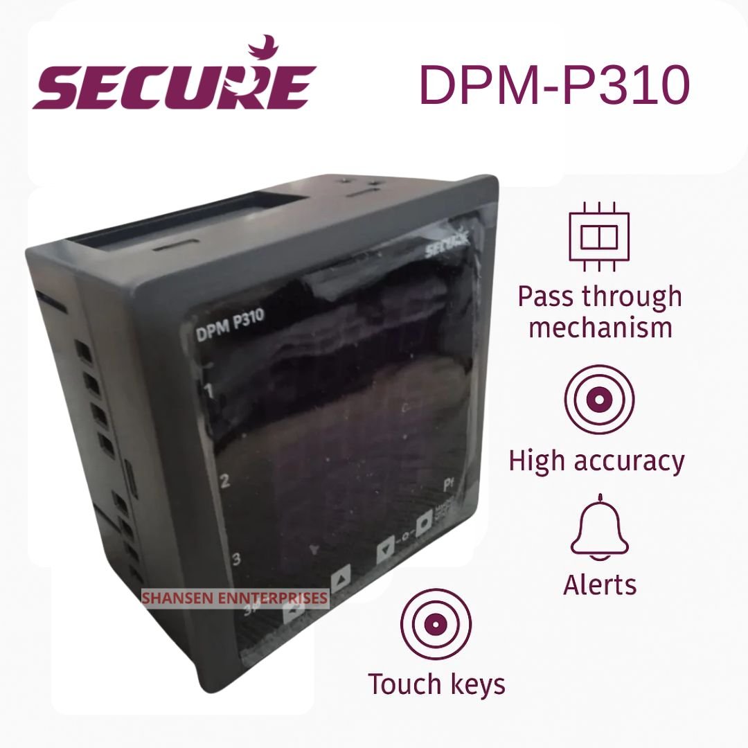 Secure Meters DPM-P310 digital panel meter showing key features such as pass-through mechanism, high accuracy, touch keys, and configurable alerts