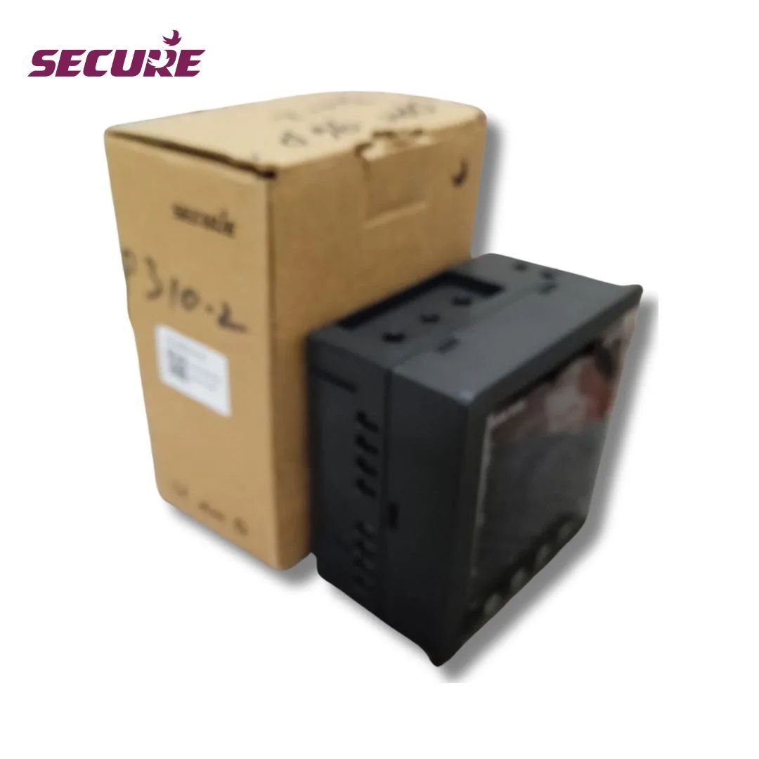 Side view of Secure Meters DPM-P310 digital panel meter placed beside its original Secure packaging box for three-phase power monitoring applications