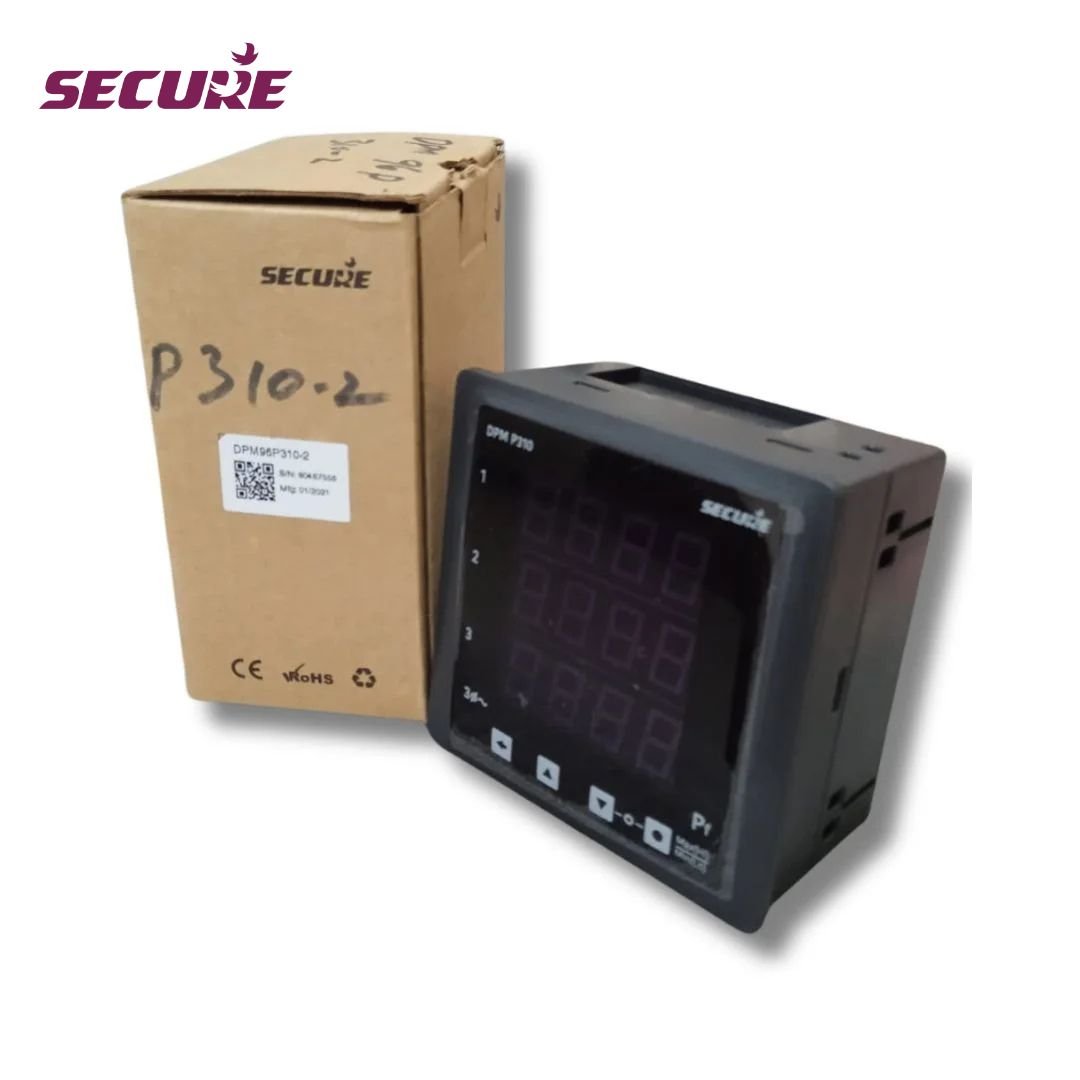 Secure Meters DPM-P310 three-phase digital panel meter with original packaging box, designed for accurate power factor and energy monitoring