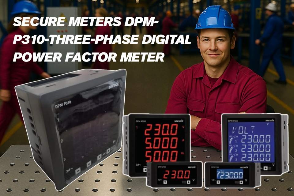 Industrial banner showing Secure Meters DPM-P310 three-phase digital panel meter with additional models from the DPM series displayed on a workbench
