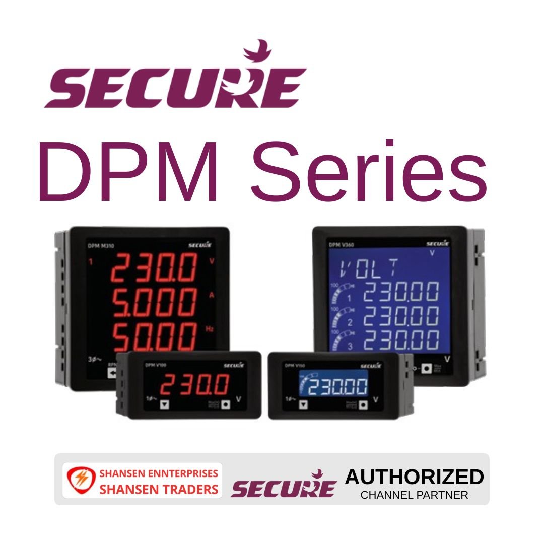 Secure Meters DPM Series digital panel meters including DPM P310, V310, and V540 models displayed with Shansen Enterprises authorized channel partner badge