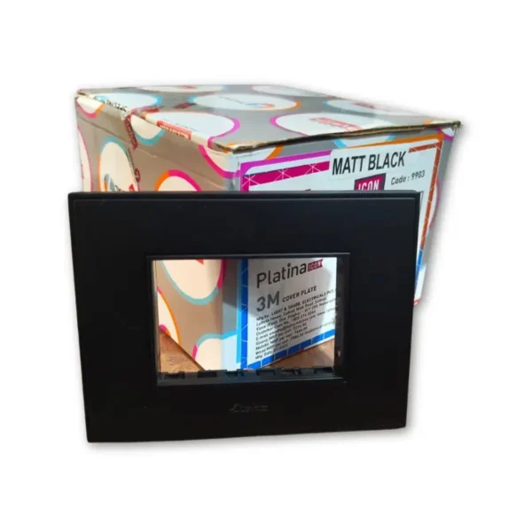 Lisha Platina ICON matt black 3 module cover plate with packaging box for modular switchboards